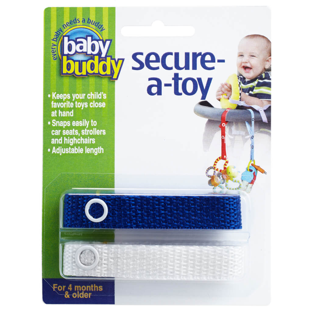 Baby Buddy Secure-A-Toy, Safety Strap Secures Toys, Teether, or Pacifier to Stroller, Highchair, Car Seat, Royal-White