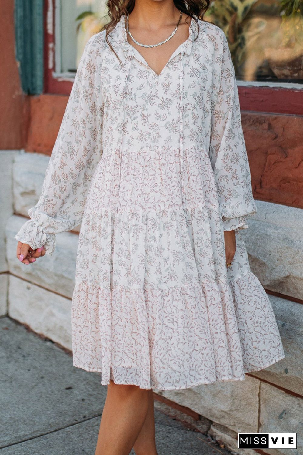 White Split Neck Floral Print Long Sleeve Swing Dress