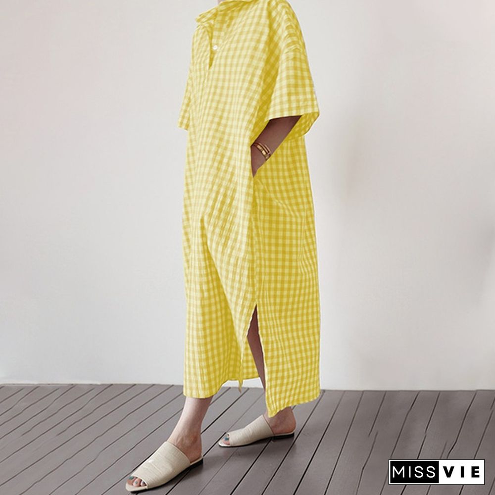 Women Half Sleeve Collared Kaftan Casual Grid Printed Button Down Plus Size Long Maxi Shirt Dress