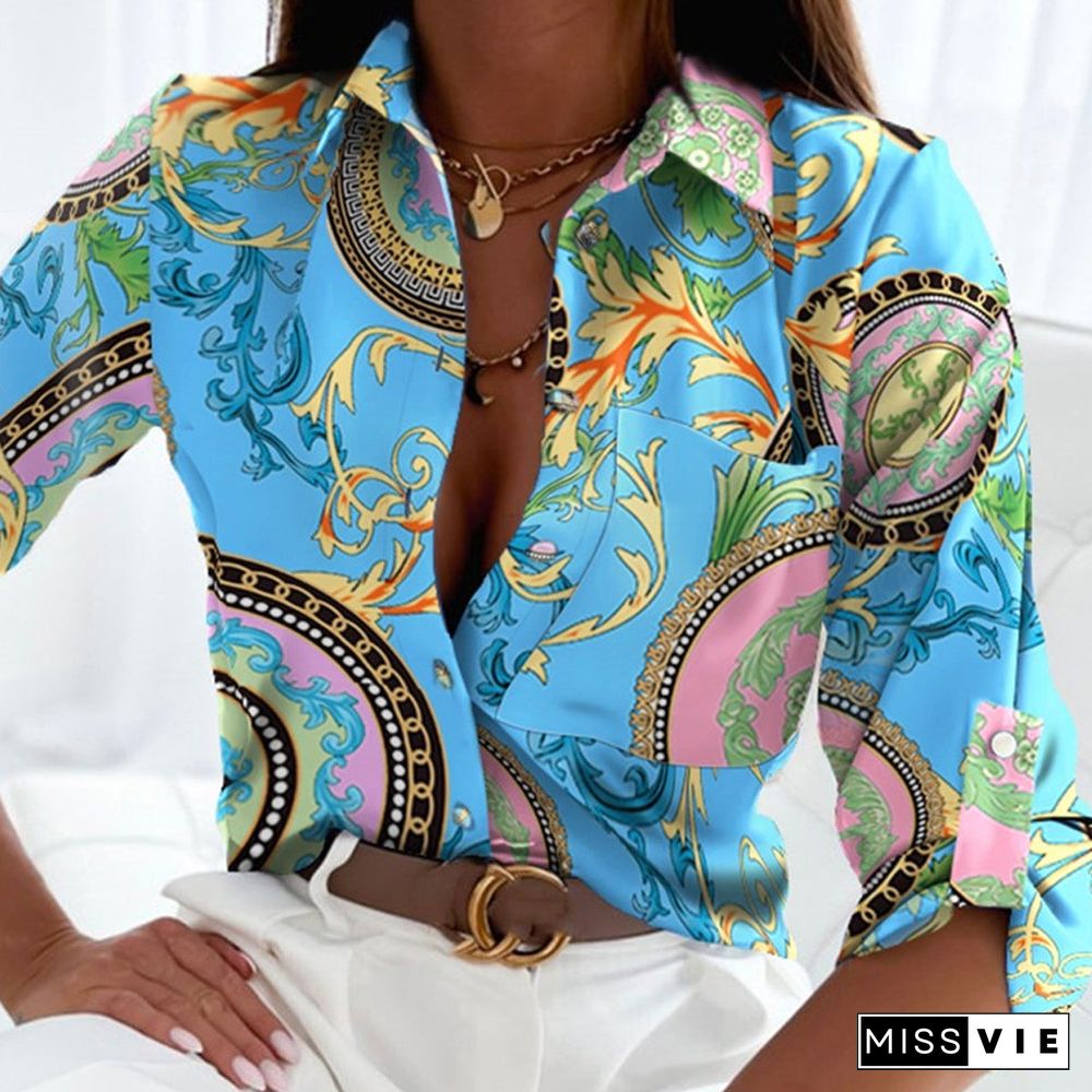 Gold Necklace Chain Print Aqua Blouse Top