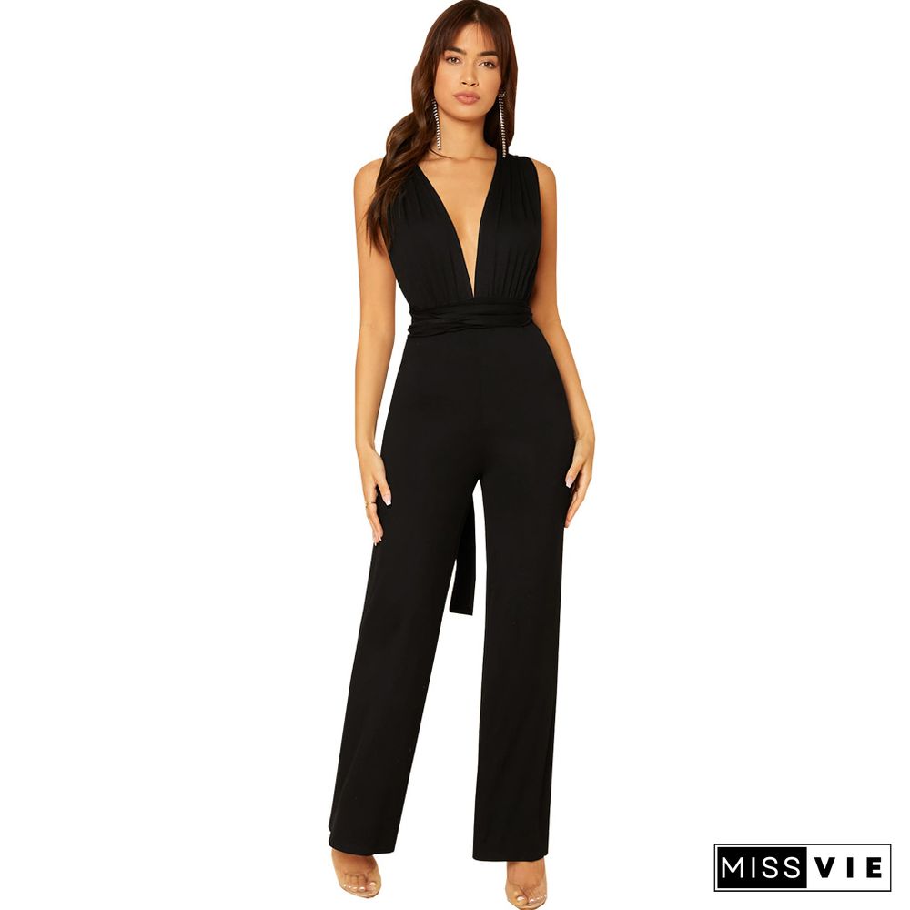 Solid Color Sleeveless Crisscross Back Straight Jumpsuit