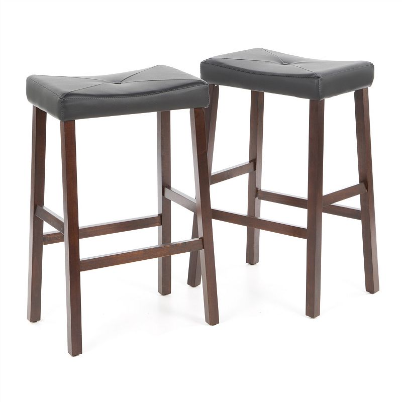 Set Of 2 - Upholstered Faux Leather Saddle Seat Barstool In Mahogany