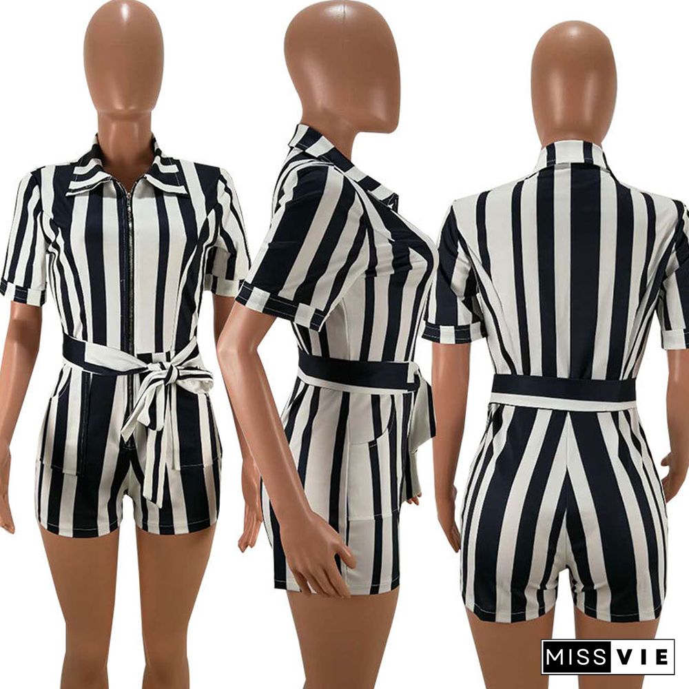 Women Lapel Vertical Stripe Zipper Romper with Waistband