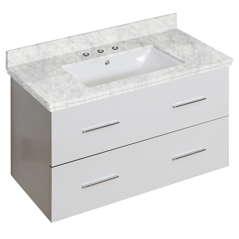 36 in. W Wall Mount White Vanity Set For 3H8 in. Drilling Bianca Carara Top White UM Sink