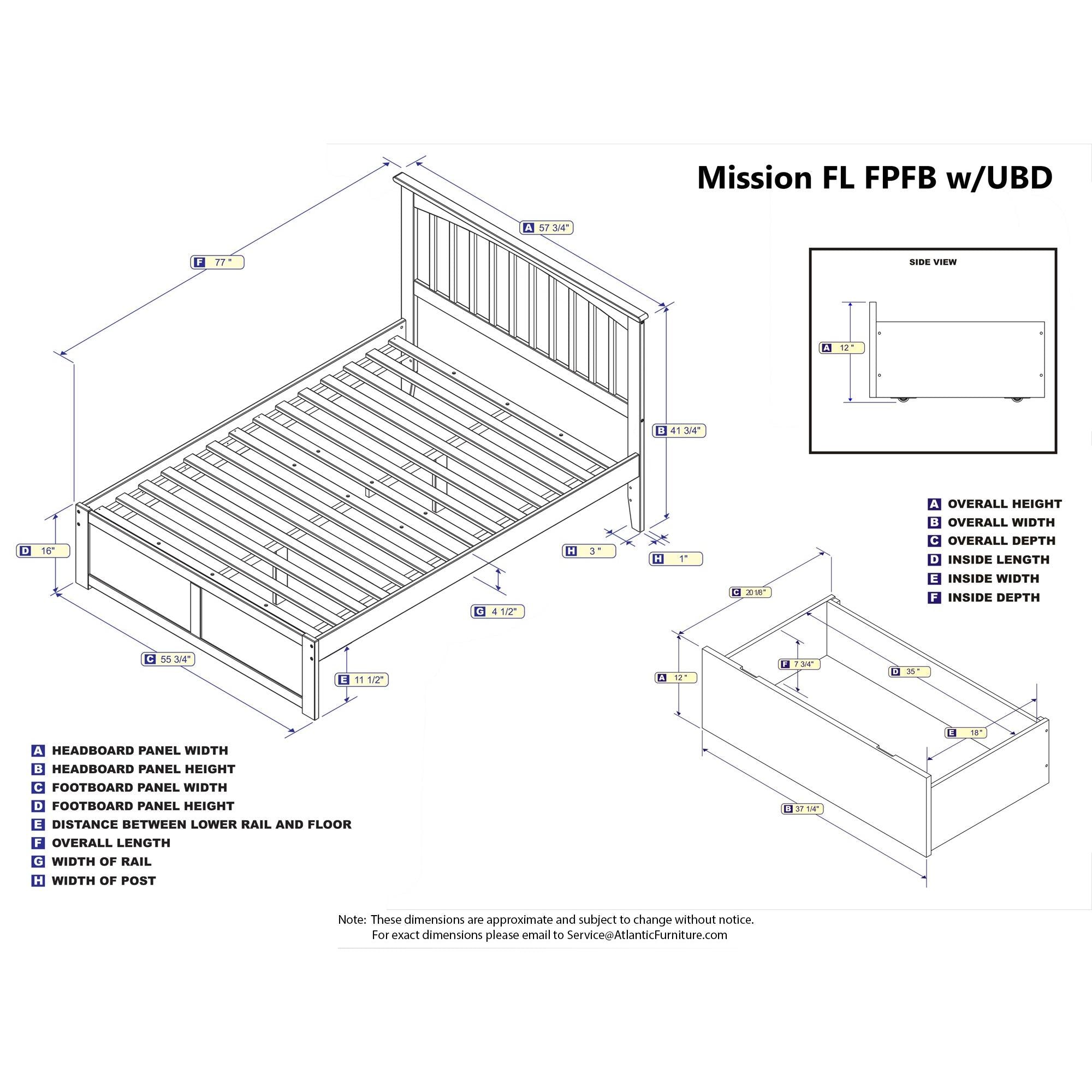 Mission Platform Bed with Flat Panel Foot Board and 2 Urban Bed Drawers, White, Full