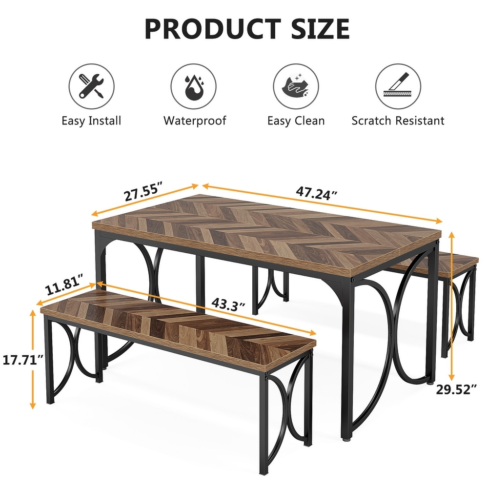 47 Inche Dining Table and Benches Set Rectangular Kitchen Table With Two Benches