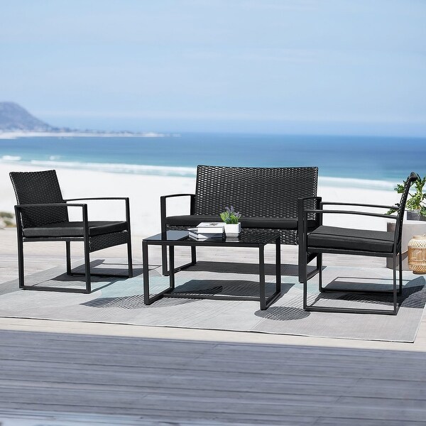 4 Pieces Patio Conversation Sets PE Rattan Chairs with Loveseat and Table - Overstock - 35765538