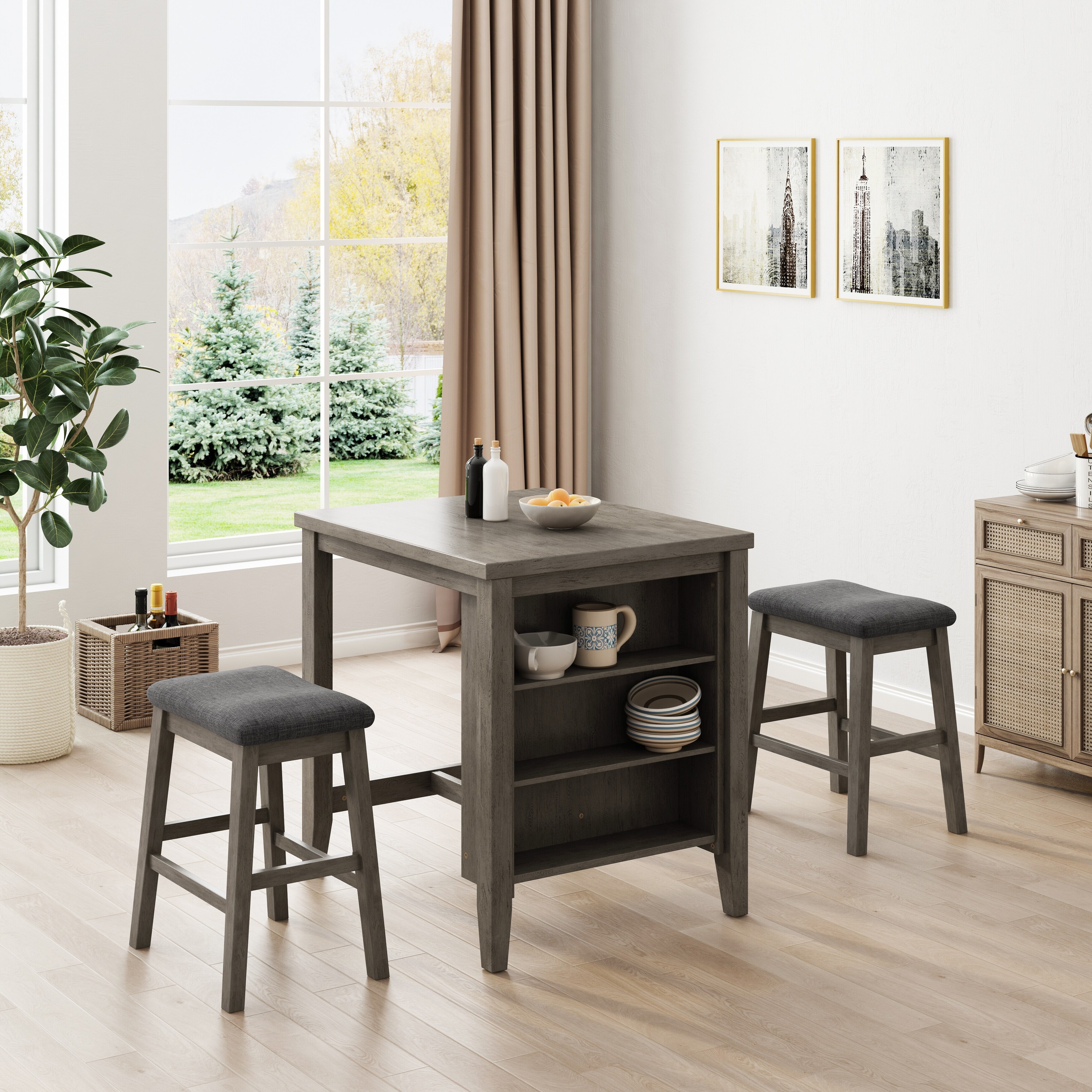 3 Piece Square Dining Table with Padded Stools