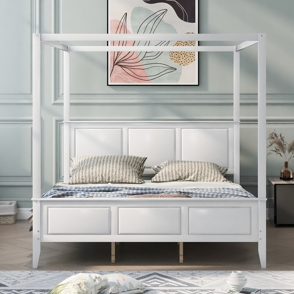 White Canopy Platform Bed   King Size  Pine Wood   MDF  Modern Design  No Box Spring Needed  Suitable for Curtains