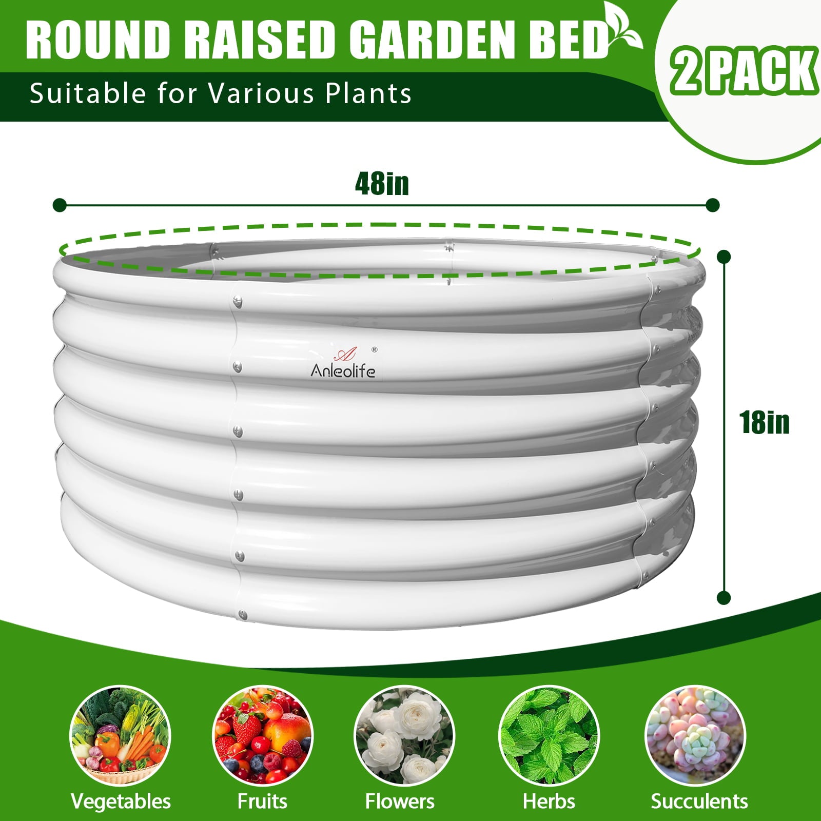 2 Pack-4Ft Round Galvanized Raised Garden Bed, 18” Tall Above Ground Modular Metal Planter Boxes Outdoor For Vegetables Flowers Herbs, Anti-Rust & Easy-Setup Antique White