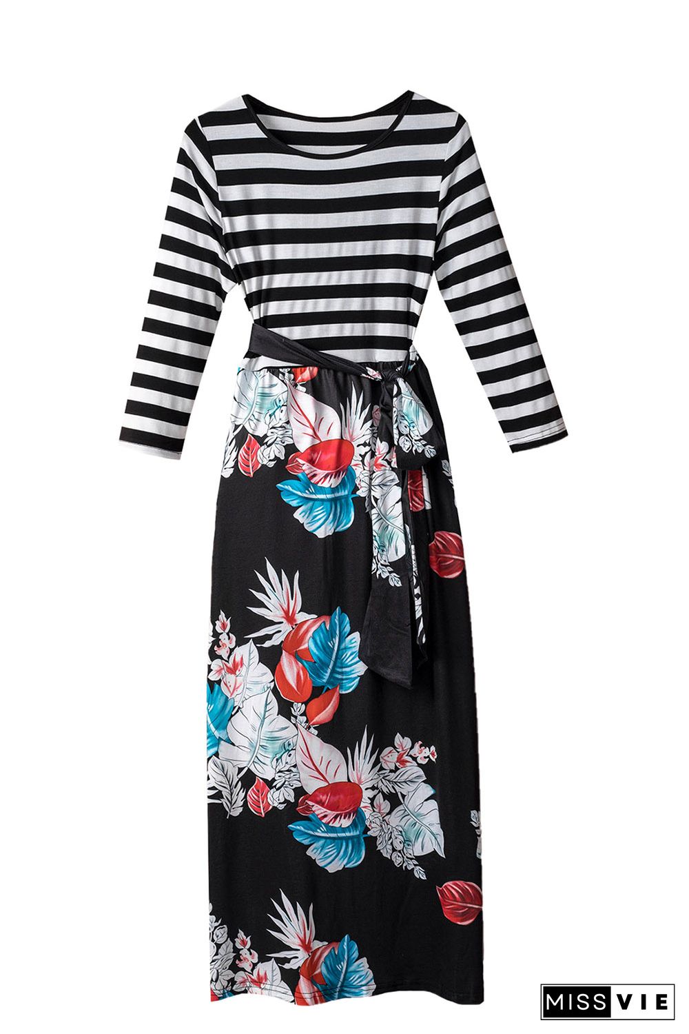 Striped Floral O-Neck Long Dress