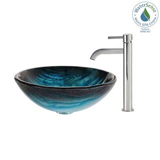 KRAUS Ladon Glass Vessel Sink in Blue with Ramus Faucet in Chrome C-GV-399-19mm-1007CH