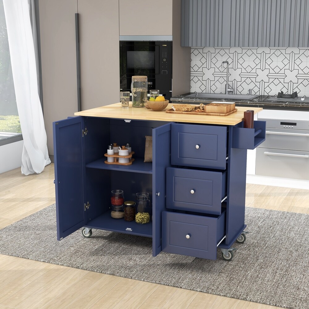 Rolling Mobile Kitchen Island with Drop Leaf   Solid Wood Top  Locking Wheels   Storage Cabinet and 3 Drawers