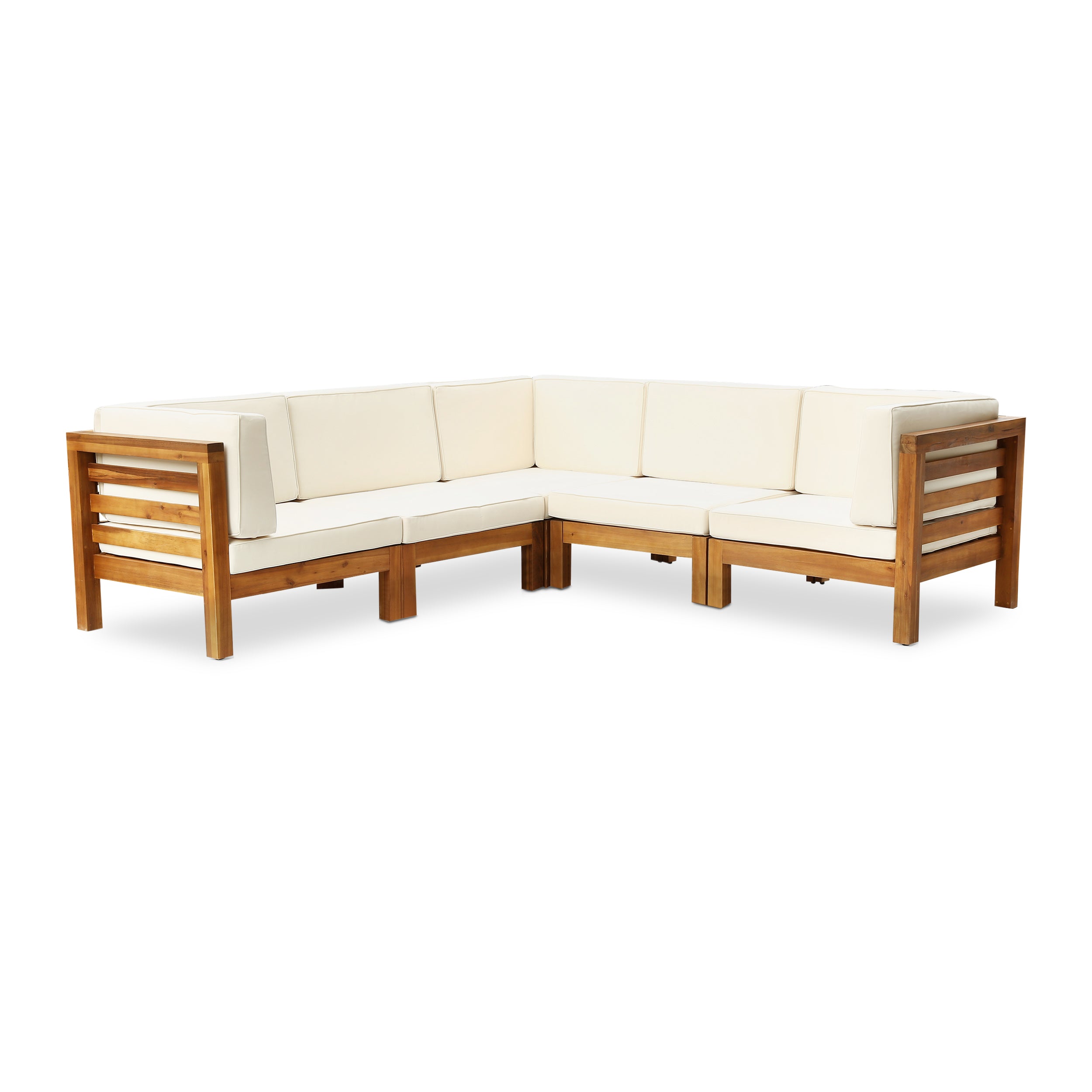 Dawson Outdoor V-Shaped Sectional Sofa Set - 5-Seater - Acacia Wood - Outdoor Cushions