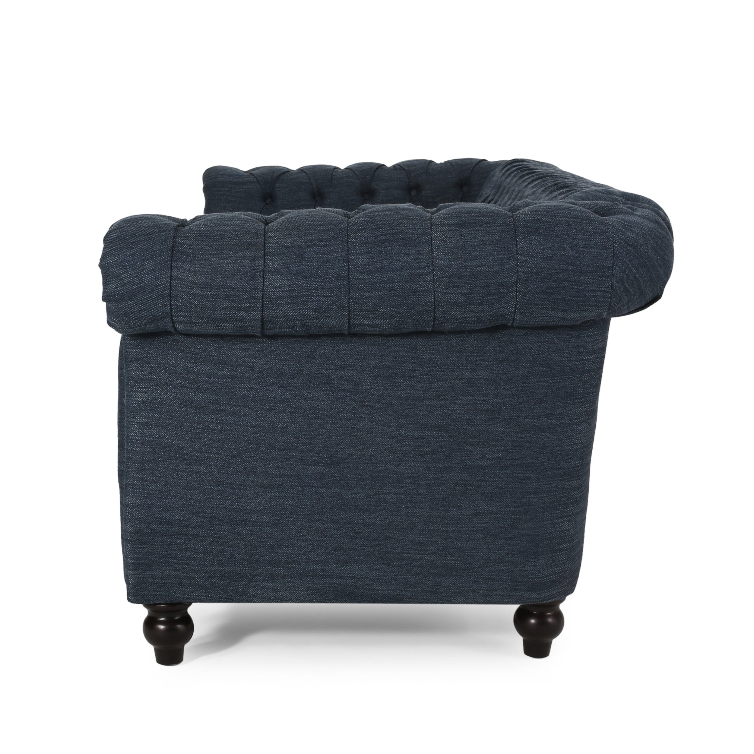 Noble House Augus Fabric Tufted 3 Seater Sofa, Navy Blue, Dark Brown