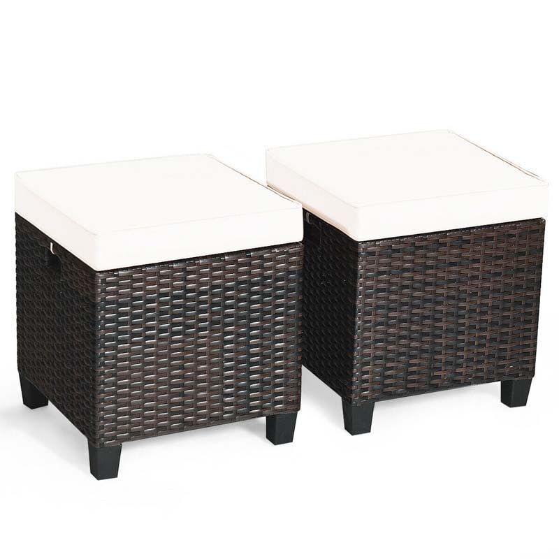 2 Pcs Rattan Patio Ottoman Set with Removable Cushions, All Weather Wicker Outdoor Footstool Footrest Seat