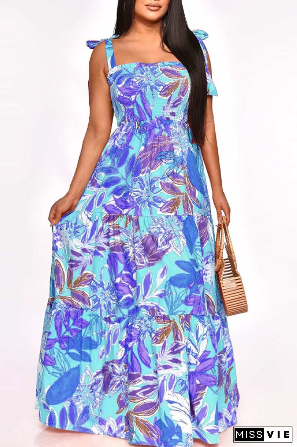 Blue Sweet Print Bandage Patchwork Spaghetti Strap Sling Dress Dresses