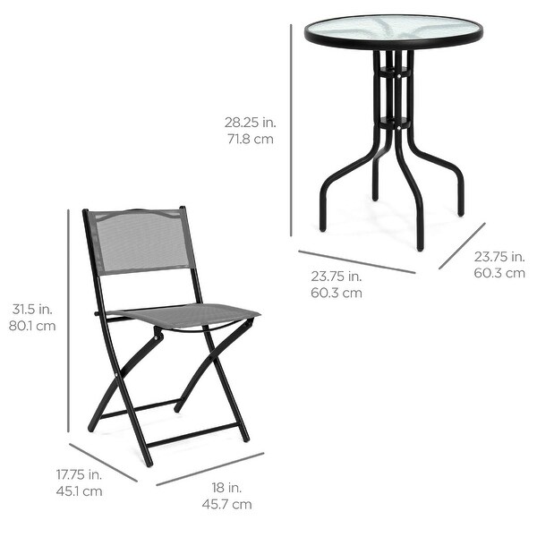 3Piece Patio Bistro Dining Furniture Set w/Textured Glass Tabletop，2 Folding Chairs，Steel Frame，Polyester Fabric