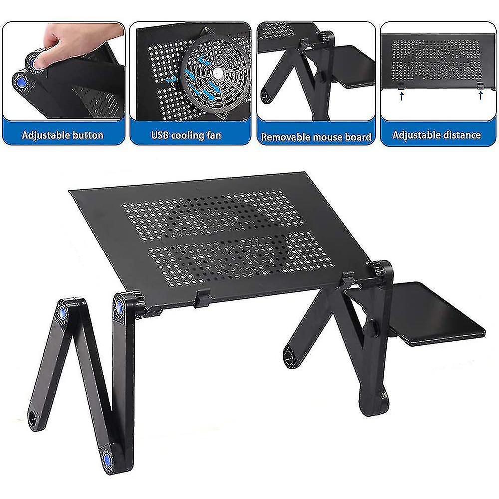 Aluminum Laptop Stand Adjustable With Cooling Fan And Mouse Pad， Reinforced Ergonomic Lap Desk Folda