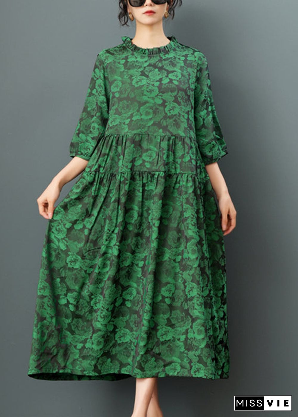 Green O-Neck Print Drawstring Maxi Dress Half Sleeve