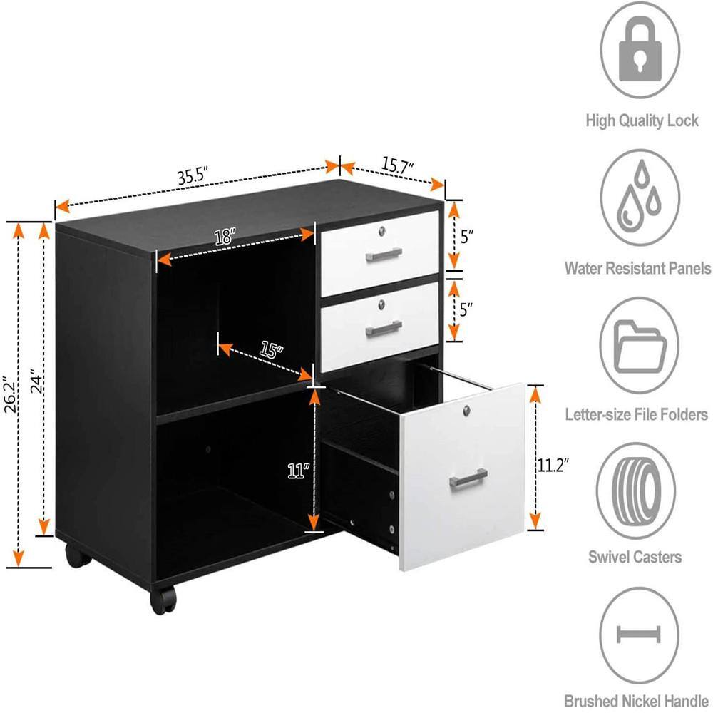 Winado White and Black Wood 3-Drawer Vertical Desk Cabinet 941228129596