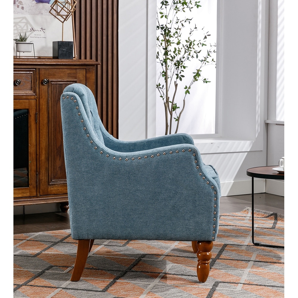 Modern Accent Chair Armchair Blue Tufted Armchair with Vintage Brass Studs Upholstered Chair for Living Room