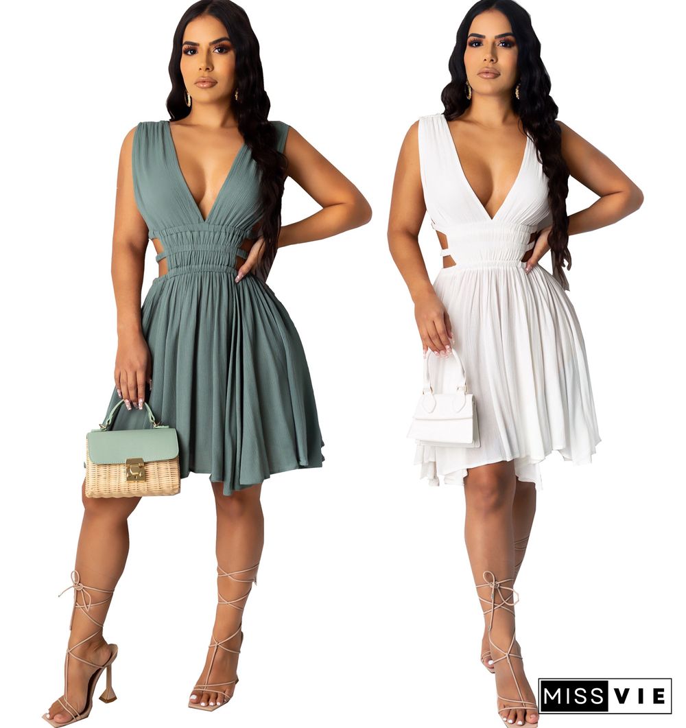 Chiffon Deep V-neck Sleeveless Hollowed-out Sides Dress