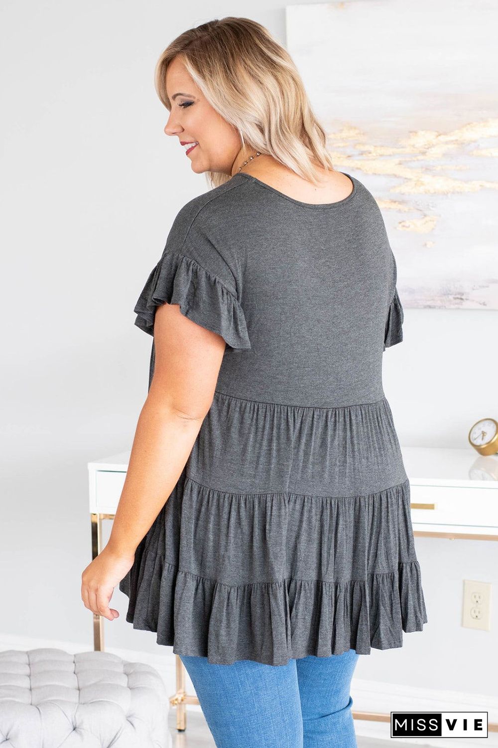 Gray Tiered Ruffled Short Sleeve Plus Size Blouse