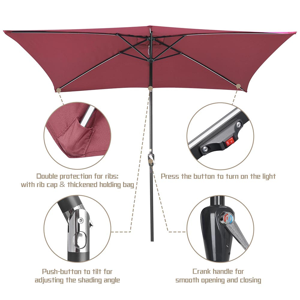 Yescom Rectangular Patio Umbrella with Solar Lights 10x6.5 ft 6-Rib