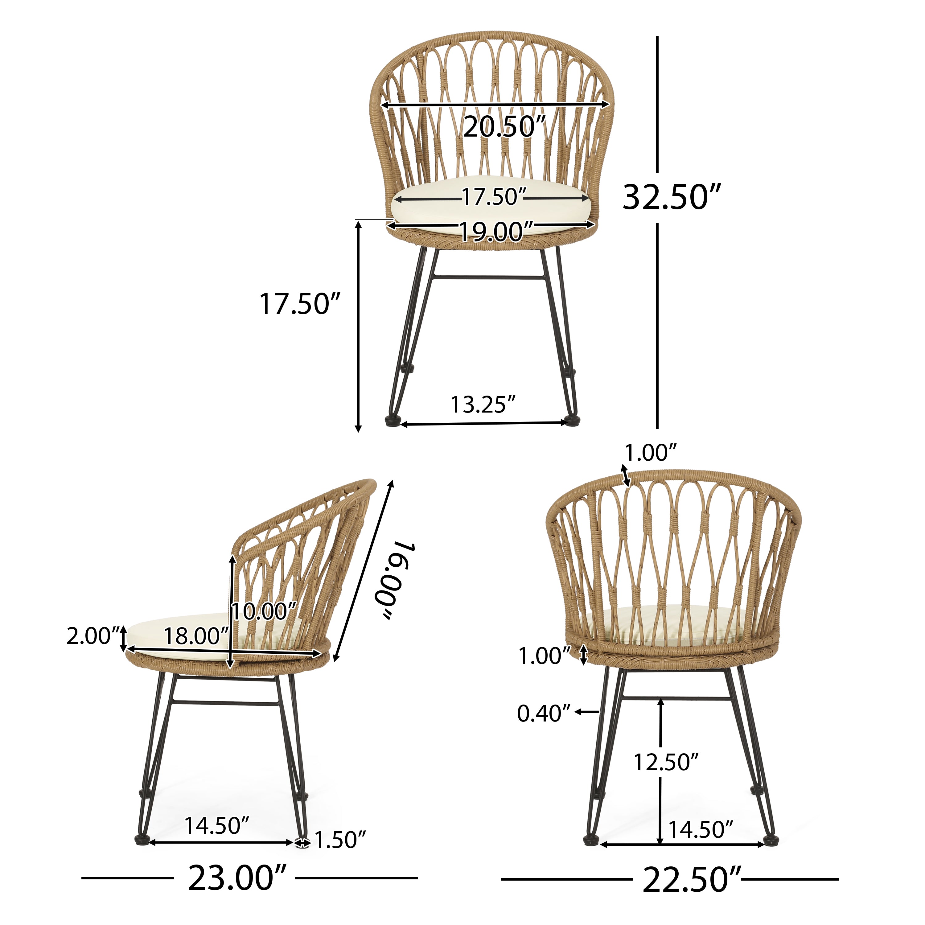 Cowen Outdoor Wicker 3 Piece Chat Set with Cushions, Light Brown, Black, and Beige