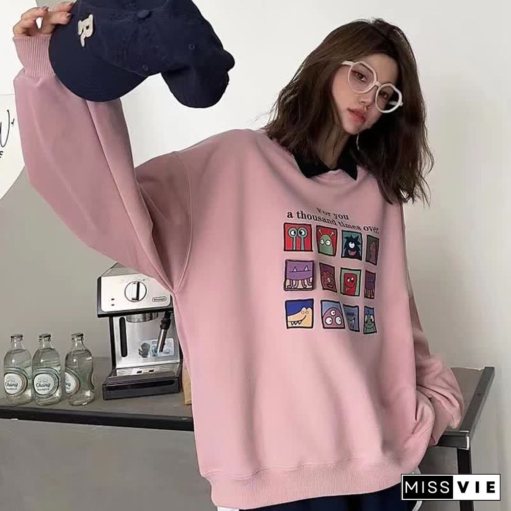 Cartoon Letter Print Long Sleeve Lapel Sweatshirt