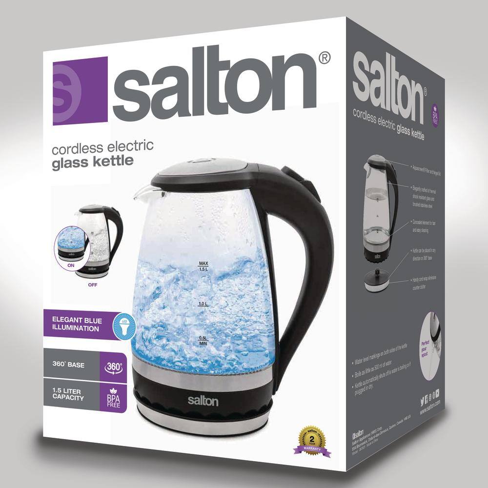 Salton 6-Cup Stainless Steel Cordless Electric Glass Kettle with Automatic Safety Shut Off GK1831