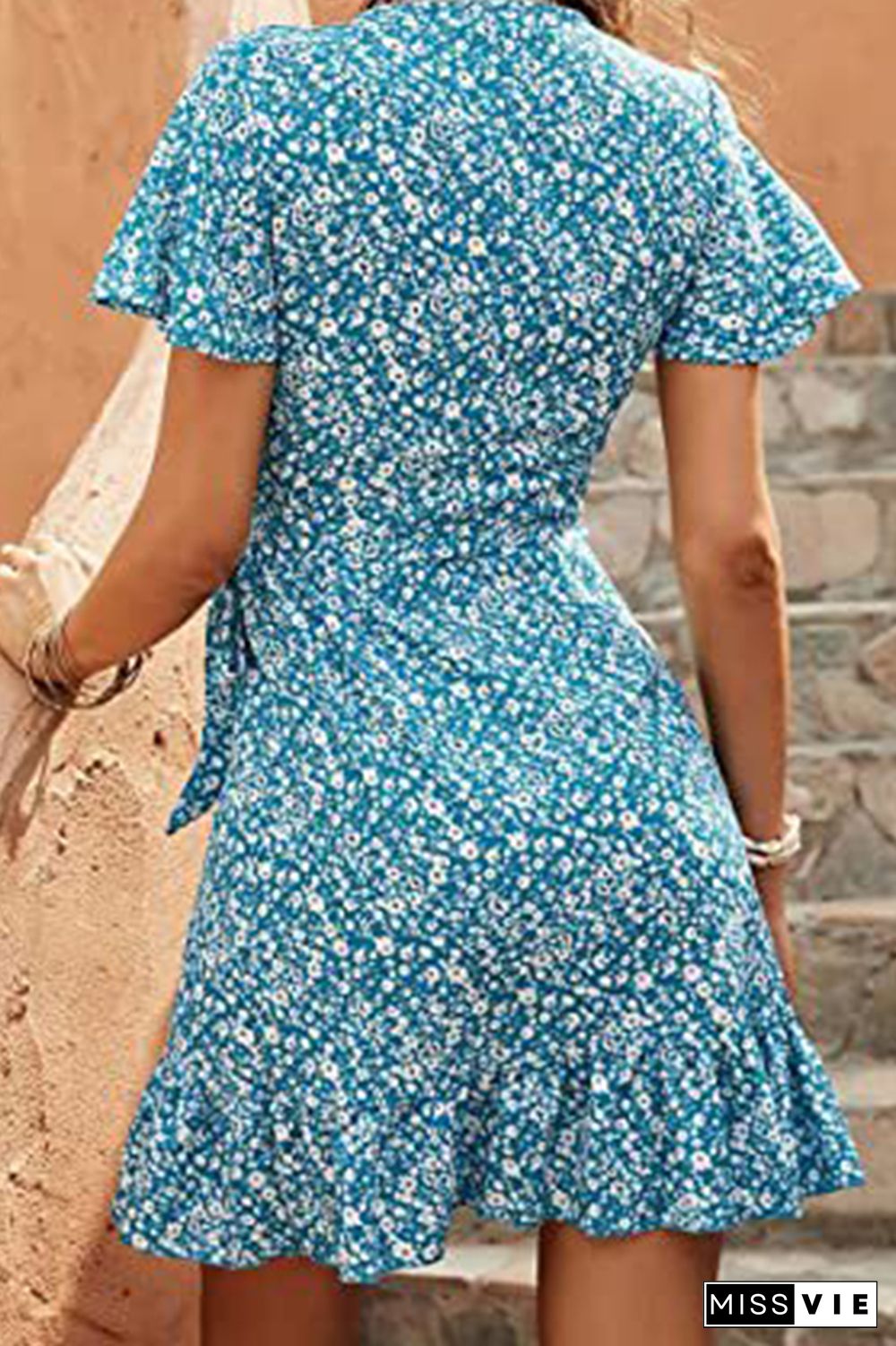 V Neck Side Tie Ruffles Hem Floral Dress