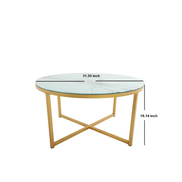 EPOWP Cross Legs Glass Coffee Table with Metal Base， Marble White Top and Golden