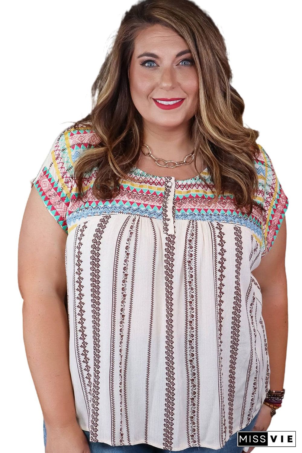 Multicolor Plus Size Boho Floral Striped Print Blouse