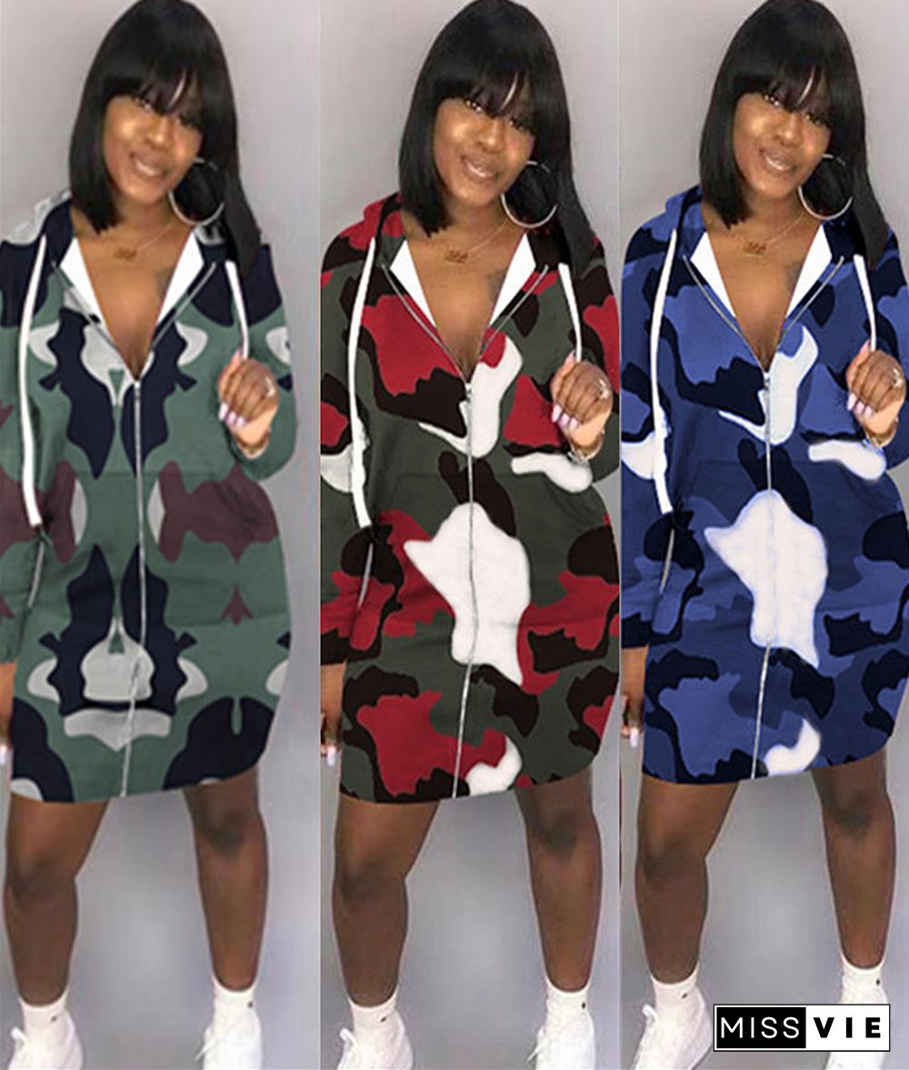 Sexy Camouflage Print Zipper Hoodies Short Dress