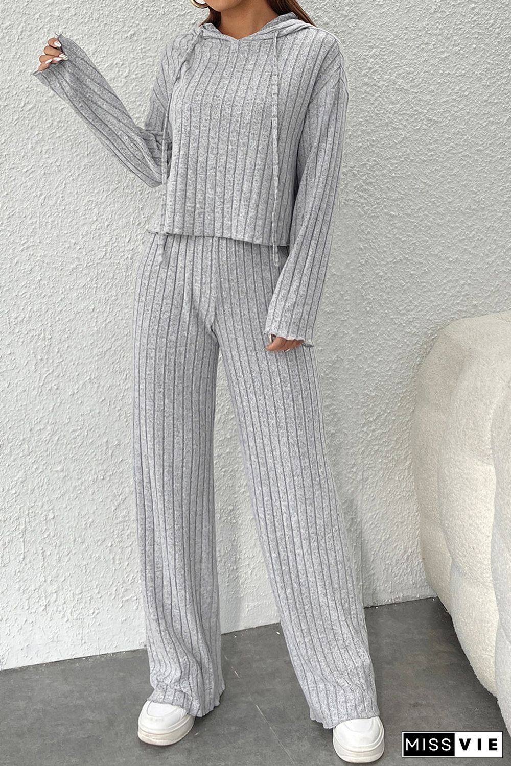 Gray Ribbed Knit Slouchy Hoodie Wide Leg Pants Set