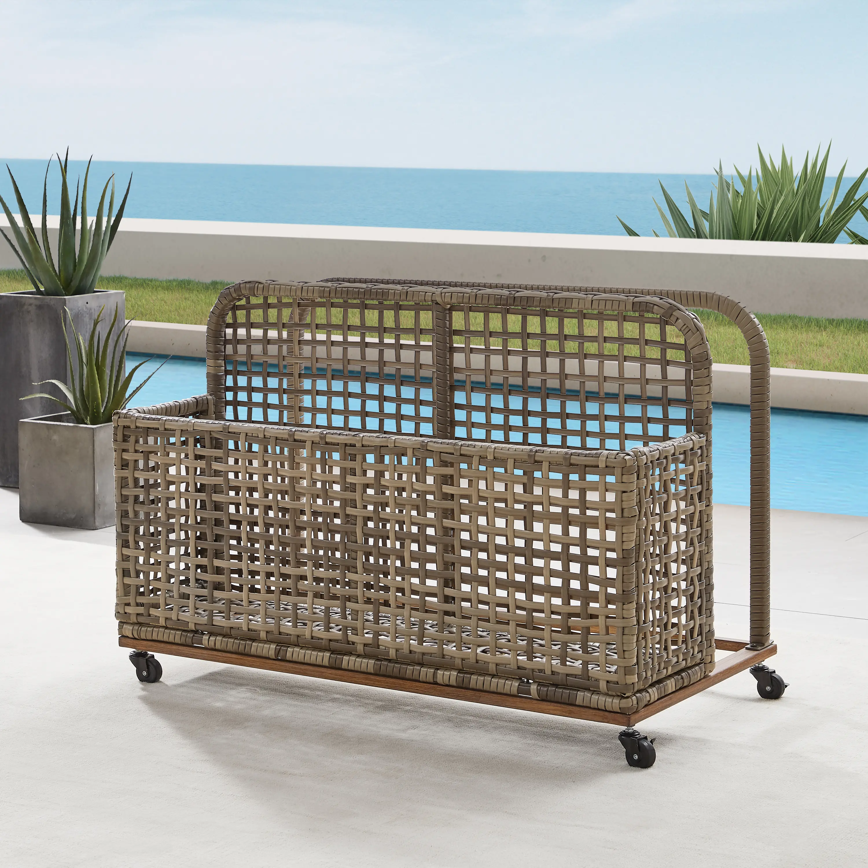 Ridley Outdoor Wicker And Metal Pool Storage Caddy