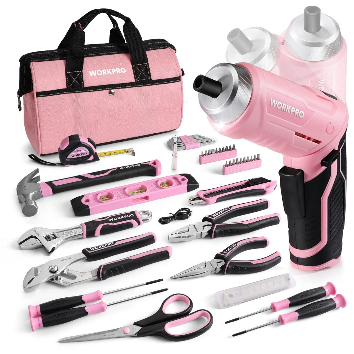 WORKPRO 55-Piece Pink Tools Set， 3.7V Rotatable Cordless Screwdriver