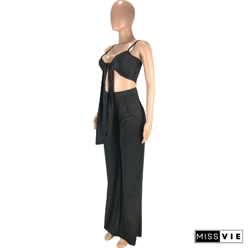 Sexy Solid Color Spaghetti Straps Bandage Wrap Chest Crop Top Loose Long Pants Two Piece Set