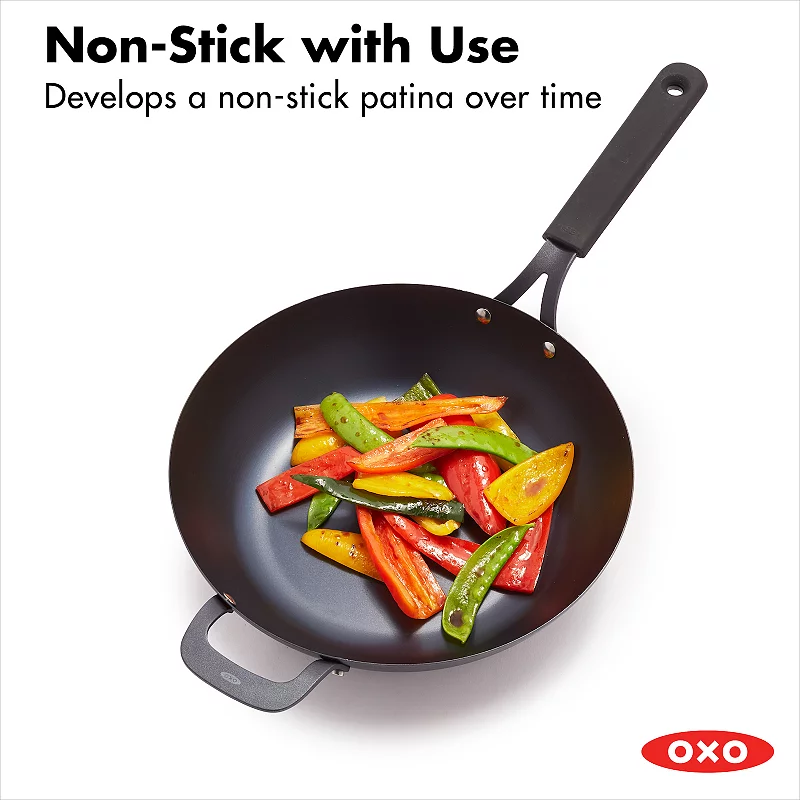 OXO Obsidian Pre-Seasoned Carbon Steel 12-in. Induction Wok Pan with Removable Silicone Handle Holder