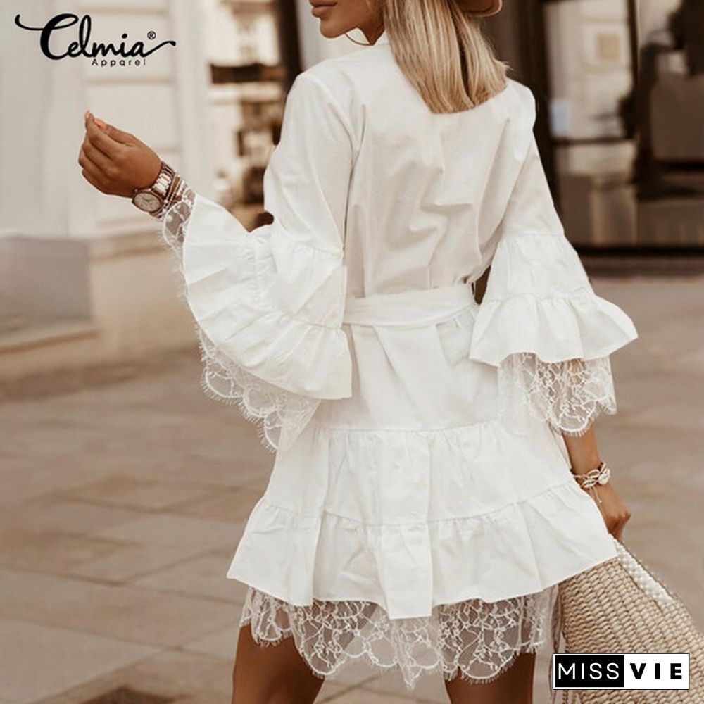 Celmia Women Lace Stitching White Dress Flared 3/4 Sleeve Ruffle Hem Party Casual Elegant Mini Dress Plus Size