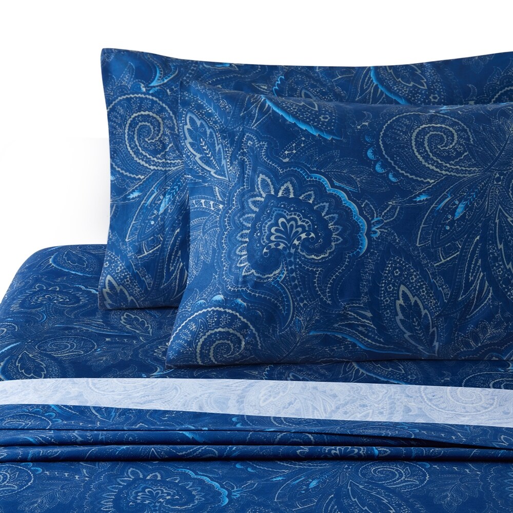 Marina Decoration Printed 600 Thread Count Soft Deep Pocket Cotton Blend Percale Bedding Sheet Set  Navy Blue Paisley