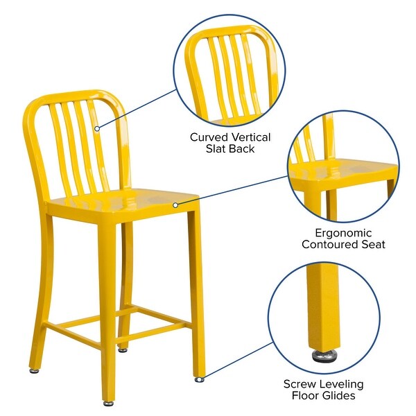 2 Pack 24'' High Metal Indoor-Outdoor Counter Height Stool w/ Vertical Slat Back