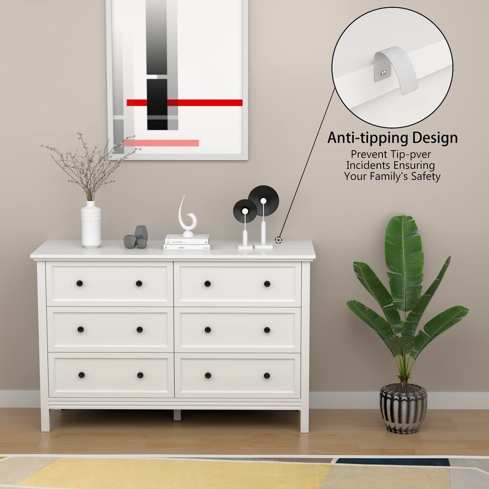 White Dresser  6 Drawer Double Dresser for Bedroom with Metal Knobs   Wide Storage  Chest of Drawers