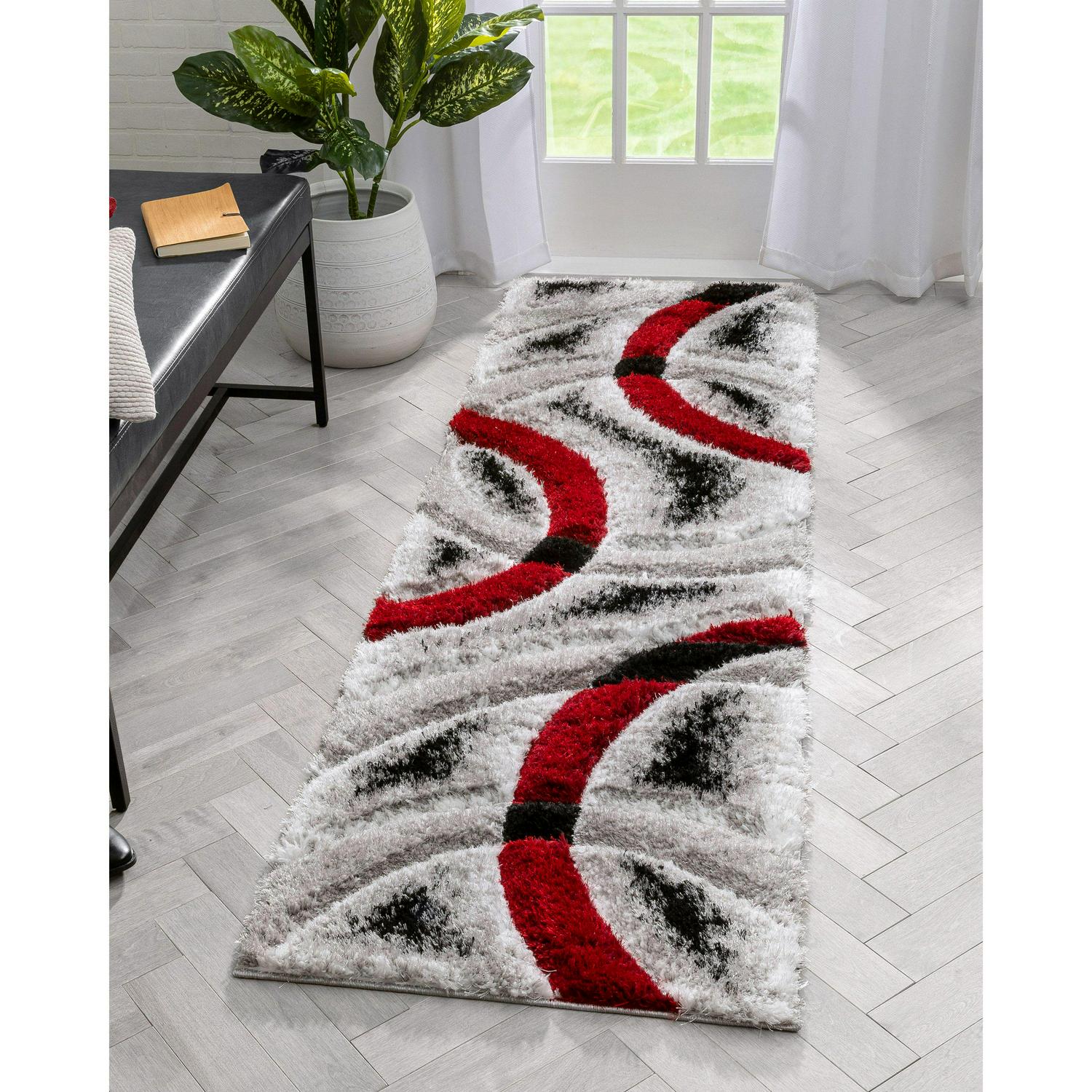 Well Woven San Francisco Printed Modern Shag Geometric Runner Rug， Red