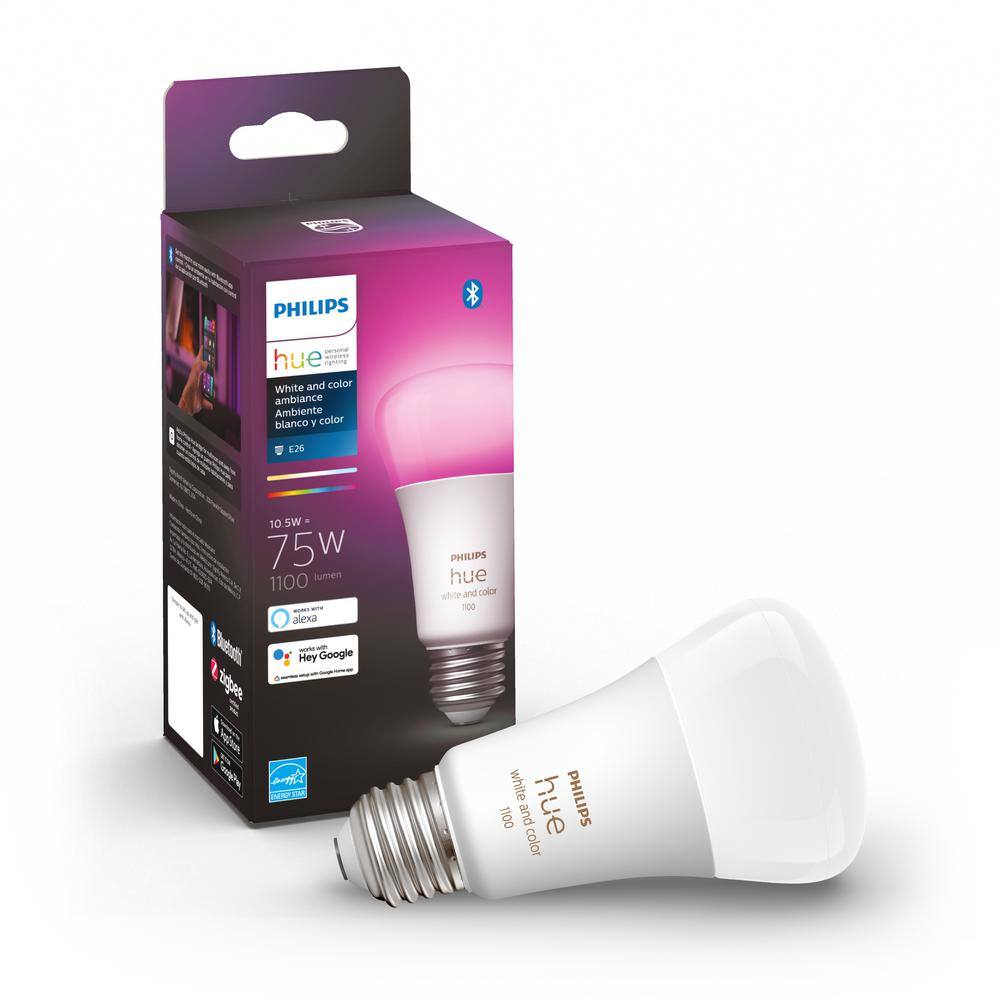 Philips Hue 75-Watt Equivalent A19 Smart LED Color Changing Light Bulb with Bluetooth (1-Pack) 563254