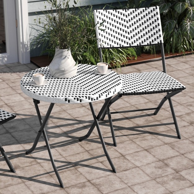 Emma And Oliver Three Piece Folding French Bistro Set In Pe Rattan With Metal Frames For Indoor And Outdoor Use