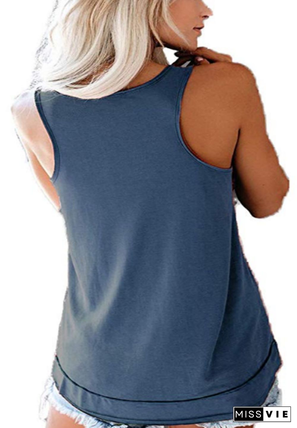 Blue Solid V Neck Buttoned Tank Top