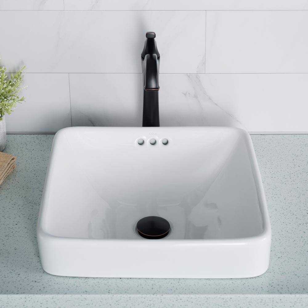 KRAUS Elavo Series Square Ceramic Semi-Recessed Bathroom Sink in White with Overflow KCR-281